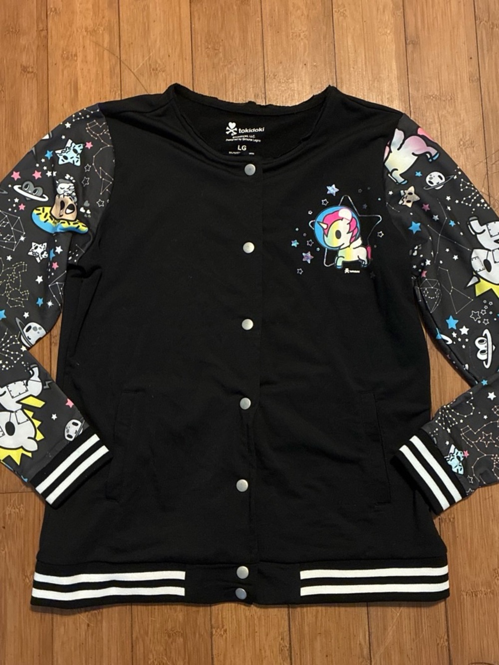 tokidoki Black Bomber Jacket with Colorful Unicorn Sleeve Prints
